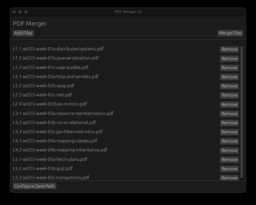 Main screen for PDF merging application with a list of PDF to merge