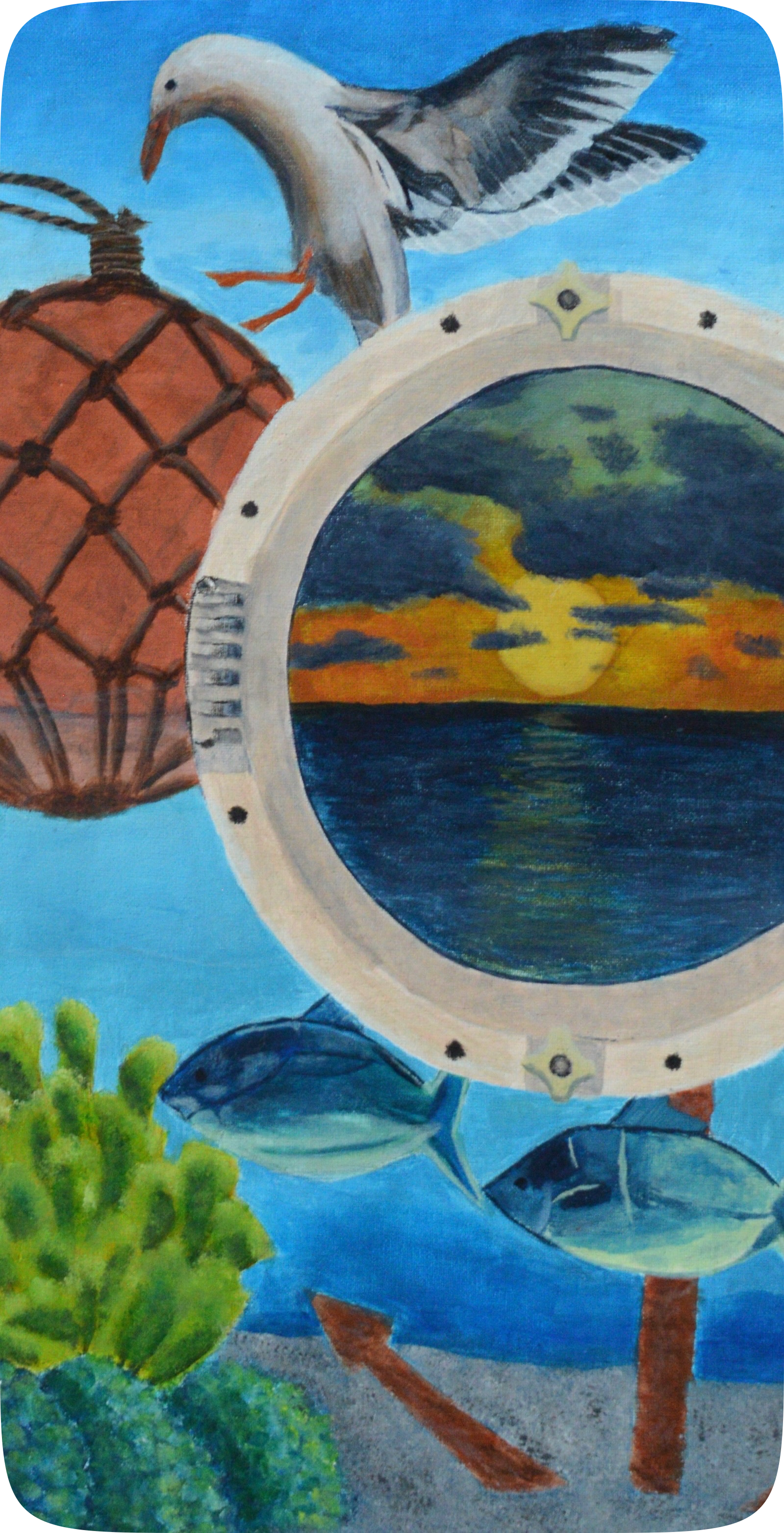 Painting of bird, some fish, and a sunset